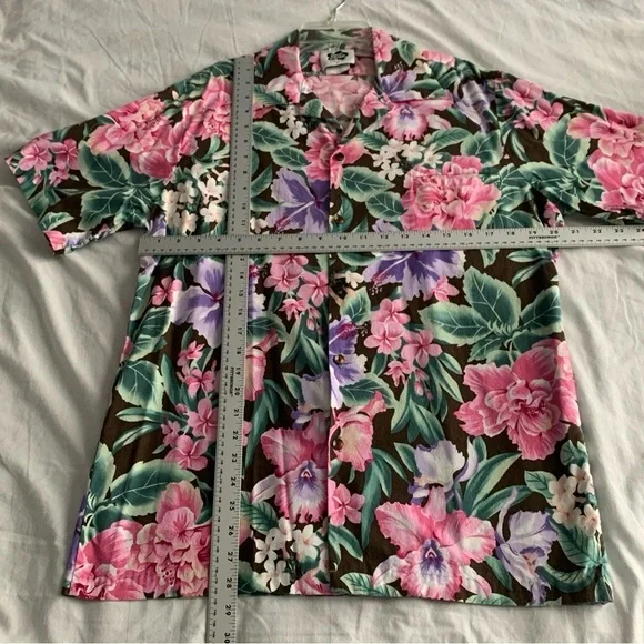 Vintage Hilo Hattie Pink Floral Hawaiian Shirt Men's Large Cotton Rayon Made USA - Picture 7 of 8
